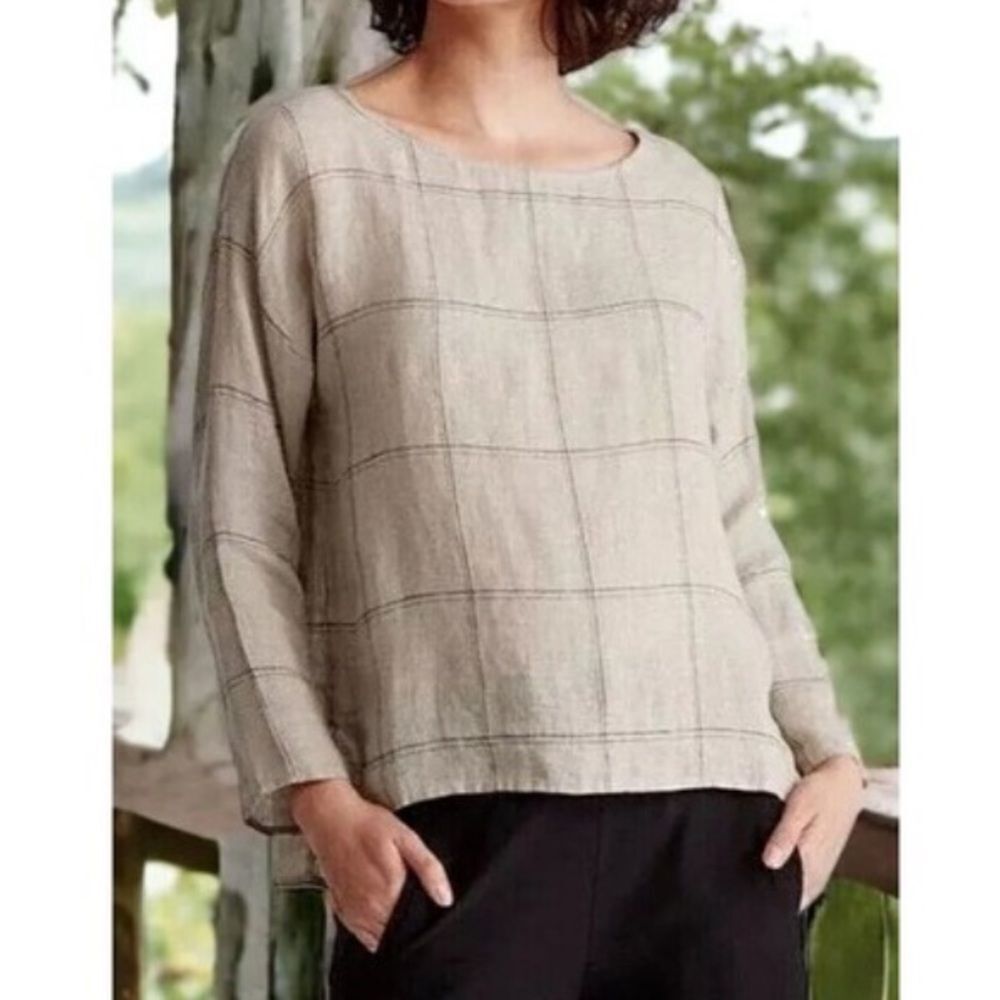 Eileen Fisher Rustic Organic Linen Windowpane Blouse Top Bateau Neck in Medium